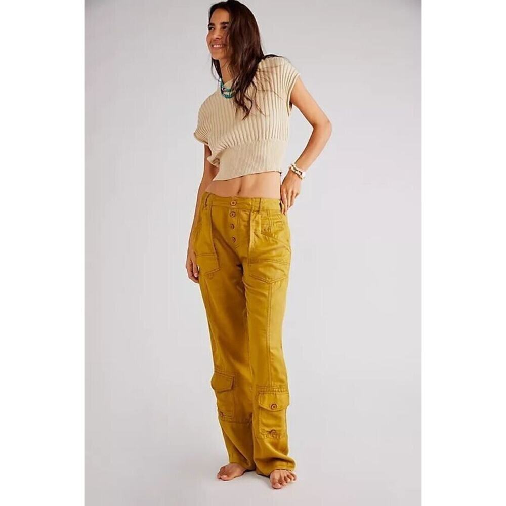 NWT Free People Wind Up Utility Button Pocket Straight-Leg Pants Gold/Green 14